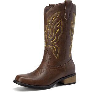 Women's Brown Mid Calf Square Toe Comfortable Pull On Chunky Heel Embroidery